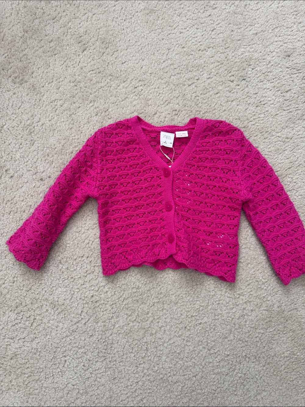NWT Zara Kids Bright Fuchsia Crochet Button-Up Cardigan - Size 3
